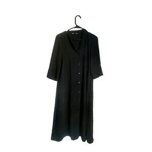 Zara Black Dress Soya Raya Button Down V-neck Midi Dress Short Sleeve Size XS
